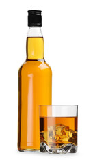 Glass and bottle of whiskey isolated on white