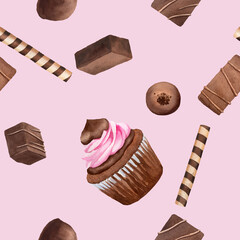 Chocolate candies and chocolate-covered strawberries seamless pattern on white background. Hand drawn in watercolor for packaging, fabrics