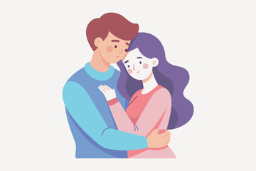 Young loving smiling couple boy and girl standing hugging embracing each other feeling in love vector illustration