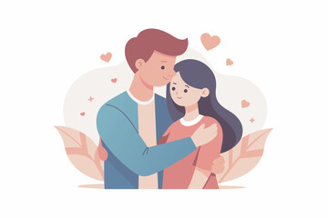 Young loving smiling couple boy and girl standing hugging embracing each other feeling in love vector illustration