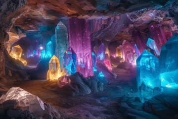 A dream world fantasy caverns of luminescent vivid crystals