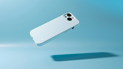 iPhone 14 and 13 Pro Max in light blue soft silicone case falls down back view phone cover mockup in monochrome colours isolated on blue background : Generative AI