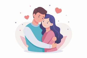 Obraz premium Young loving smiling couple boy and girl standing hugging embracing each other feeling in love vector illustration