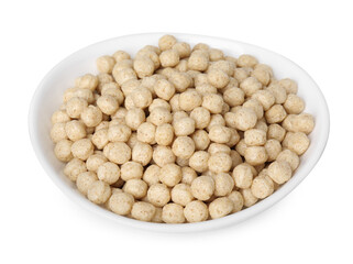 Tasty sweet cereal balls in bowl isolated on white