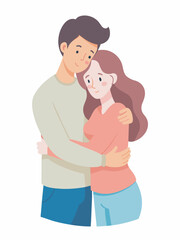 Young loving smiling couple boy and girl standing hugging embracing each other feeling in love vector illustration