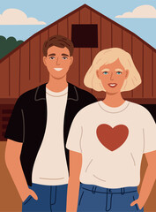 Cute young couple farmer at the farm illustration