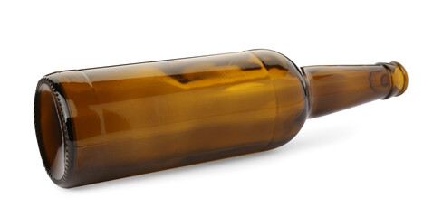 One empty brown beer bottle isolated on white
