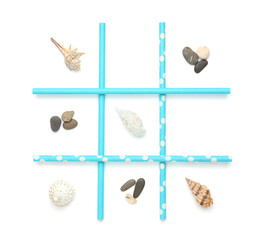 Tic tac toe game made with sea treasures isolated on white, top view