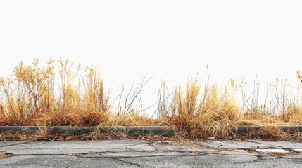 Dead grass and plants growing through cracks in an old broken concrete sidewalk - obrazy, fototapety, plakaty