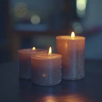 Three brown candles burning with a blurred background