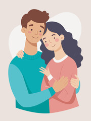 Obraz premium Young loving smiling couple boy and girl standing hugging embracing each other feeling in love vector illustration