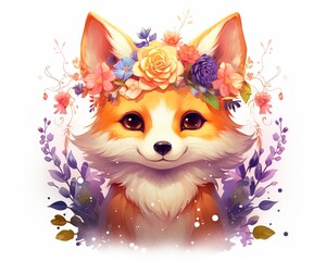 Kawaii fox wearing a digital crown of flowers