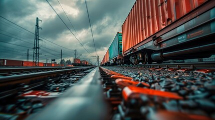 A commercial freight train travels down the tracks next to a tall building, showcasing industrial transportation in an urban setting - obrazy, fototapety, plakaty