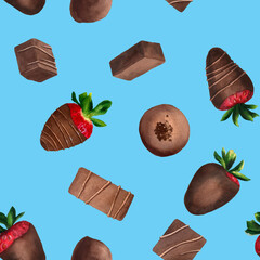 Chocolate candies and chocolate-covered strawberries seamless pattern on blue background. Hand drawn in watercolor for packaging, fabrics
