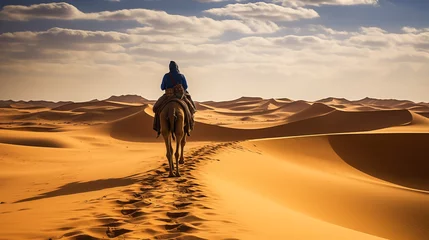 Foto op Plexiglas Back view of a young man riding a camel through the dunes in the desert © Anthichada