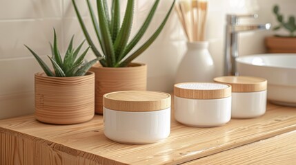 Small ceramic and wooden containers with bamboo lids on a wooden table