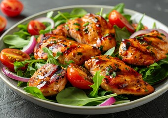 Fototapeta premium Grilled chicken breast with tomato and onion salad