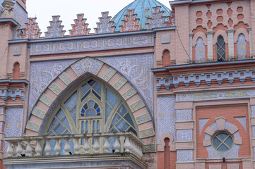 An ancient Muslim mosque with domes on the background of mountains. The mosque was built at the...