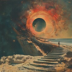a person walking up a rocky beach with a black hole in the sky - obrazy, fototapety, plakaty