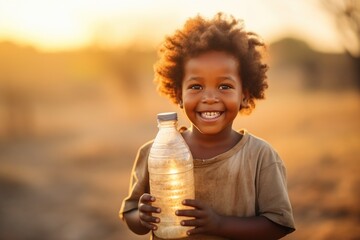 Bright Smile: African Child Holding Vital Water - obrazy, fototapety, plakaty