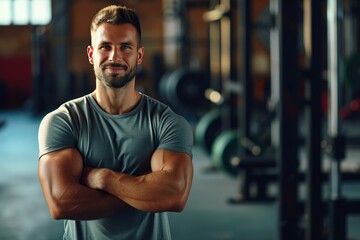 Fototapeta premium Muscular Man Posing Proudly in Gym Setting