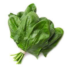 Bunch of fresh spinach leaves isolated on white, top view