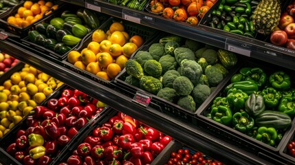 A high-angle shot showcasing a vibrant display of assorted fruits and vegetables at the produce section - obrazy, fototapety, plakaty