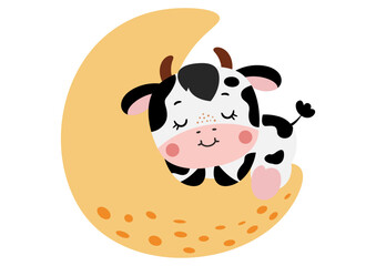 Adorable cow sleeping on moon - 787263205