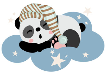 Cute panda sleeping on blue cloud - 787263214