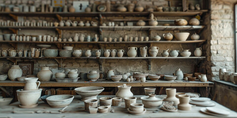 Fototapeta na wymiar Pottery studio interior with shelves filled with pots and vases on wooden table, artistic craftsmanship workspace concept