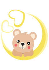 Cute teddy bear on moon with hearts