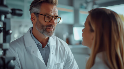 Optometrist consulting with a female patient in an eye clinic. Healthcare and vision concept. Design for medical services promotion, patient care education. Close-up with selective focus