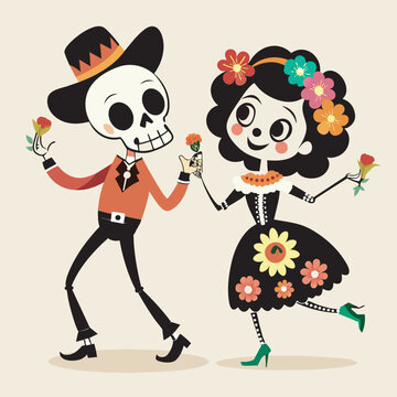 Couple of Mexican skeletons in costumes dance and play music on Day of Dead, Dia de los Muertos