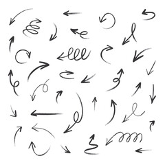 Hand drawn set crayon arrows. Doodle vector collection on white background.