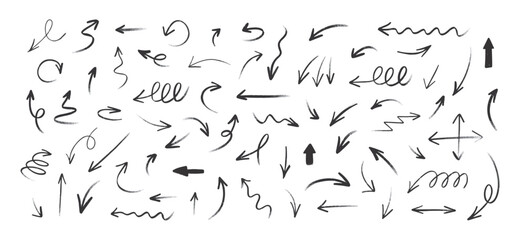 Hand drawn set crayon arrows. Doodle vector collection on white background.