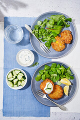 Plate with rice vegetable patties and lamb's lettuce salad with cucumber, fresh cream and lemon. Served with green leafy vegetables. on a light gray background.
