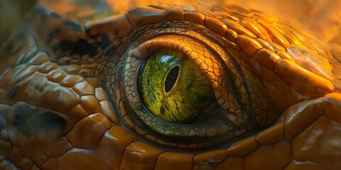 A close-up of a dragon's eye with a fierce and piercing gaze amidst flames, embodying mythical power - obrazy, fototapety, plakaty