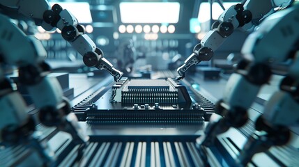 Naklejka premium Futuristic automated production line. Robots assembling microchips. Advanced technological manufacturing process. Precision engineering in action. AI