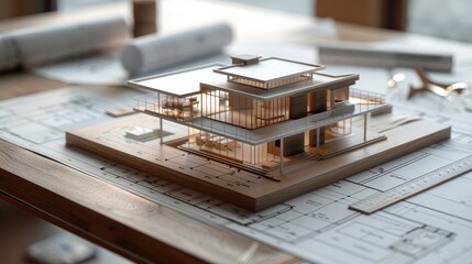 A model house is placed on top of detailed architectural blueprints on a wooden table in a high-angle shot