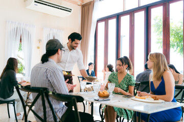 Engaging Service at the Eatery, Clients Enjoying Conversations while Waitstaff Attend, Cafe Scene...