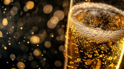 Close view of beer bubbles effervescing inside a glass, showcasing the luxurious quality - obrazy, fototapety, plakaty