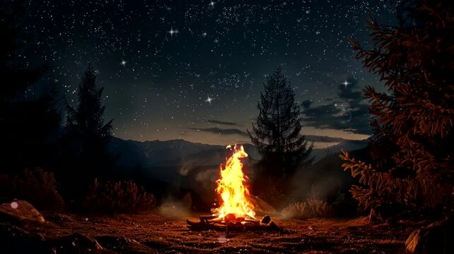 Camping scene with campfire and clouds background, animated virtual repeating seamless 4k	

