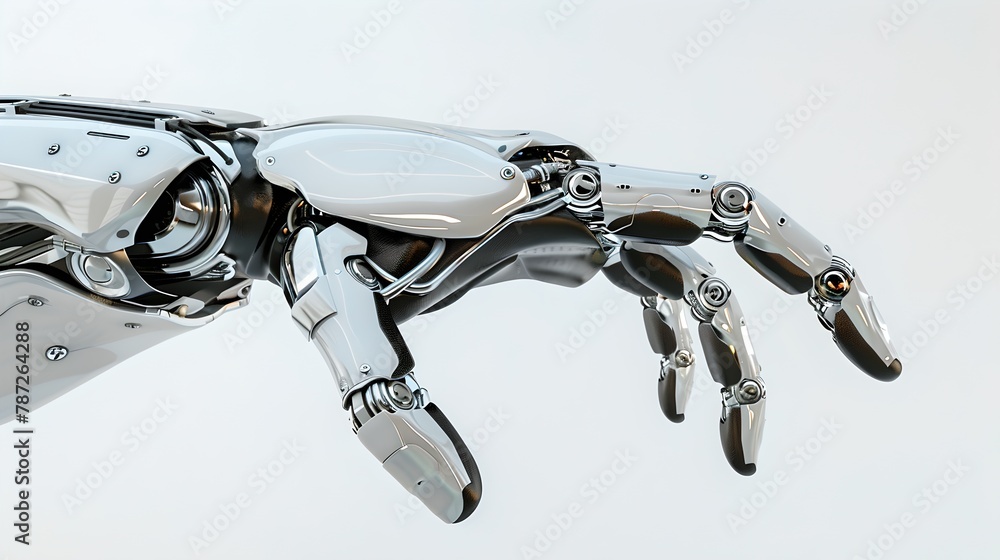 Poster futuristic robotic hand reaching out. chrome finish, ai technology concept. robotics and automation 