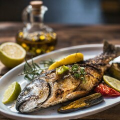 grilled fish with lemon.a grilled fish served on a wooden table, accompanied by a medley of grilled vegetables and a squeeze of lemon. The rich aroma of the fish mingles with the earthy scent of the h