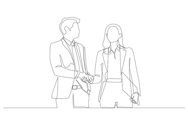 Continuous one line drawing of businessman shaking hands with businesswoman to make agreement on work, cooperation, partnership, business deal concept, single line art.