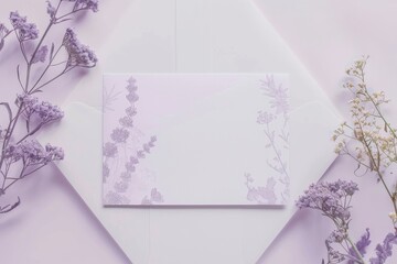 A close-up of a blank purple wedding invitation with a floral pattern and dried lavender flowers on a lilac background.