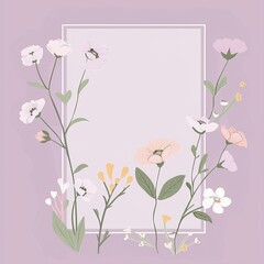 A simple floral frame with a variety of flowers and buds in muted colors on a lilac background.