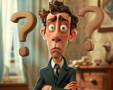 Cartoon depicting an uncertain attitude, question marks, puzzled expression, 