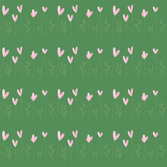 Delicate pink spring and summer flowers on a green background. Seamless pattern. Vector illustration in modern style.