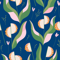 Delicate spring and summer flowers on a blue background. Seamless pattern. Vector illustration in modern style.